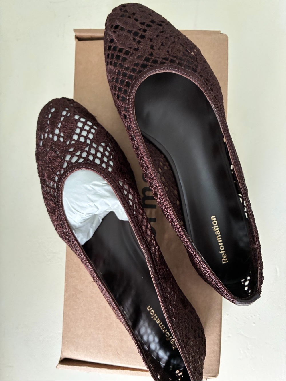 Reformation Dark Brown Crochet Ballet Flats